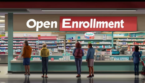 Small local pharmacy, a few people waiting at the prescription counter with a large sign that says Open Enrollment